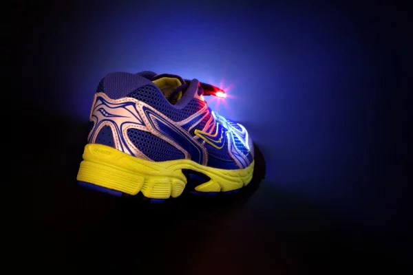 The Night Runner Shoe Lights also feature a single red light facing backwards to help people spot you