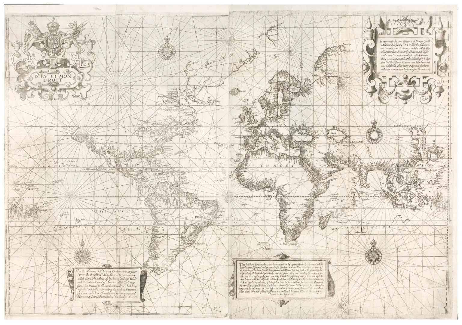 Though Richard Hakluyt (1553 – 1616) never traveled further from England than France to assemble this work, he met or corresponded with many of the great explorers, navigators and cartographers including Sir Francis Drake, Sir Walter Raleigh, Sir Humphrey Gilbert, Sir Martin Frobisher, Abraham Ortelius and Gerardus Mercator. In addition to long and significant descriptions of the Americas, this work also contains accounts of Russia, Scandinavia, the Mediterranean, Turkey, Middle East, Persia, India, South-East Asia and Africa. This copy includes an account of "the famous victorie atchieved at the citie of Cadiz" (by Sir Francis Drake), which was ordered to be suppressed in 1599, and therefore is sometimes missing in copies of this work. The Wright-Molyneux map is based on Mercator's projection, which Mercator expected would be a valuable tool to navigators, and this map was one of the first to use it. Unfortunately, Mercator gave no explanation as to the underlying mathematics used to create the map and it was left to Edward Wright to explain it in Certain Errors in Navigation Detected and Corrected (1599), hence the projection sometimes being called the Wright Projection by English mapmakers. The map is linked to Emery Molyneux whose globe of 1592 provided most of the geographical information it contains. Hakluyt's use of this map in his publication was to show "so much of the world as hath beene hetherto discouered, and is comme to our knowledge". Wright later translated John Napier's pioneering 1614 work which introduced the idea of logarithms from Latin into English.