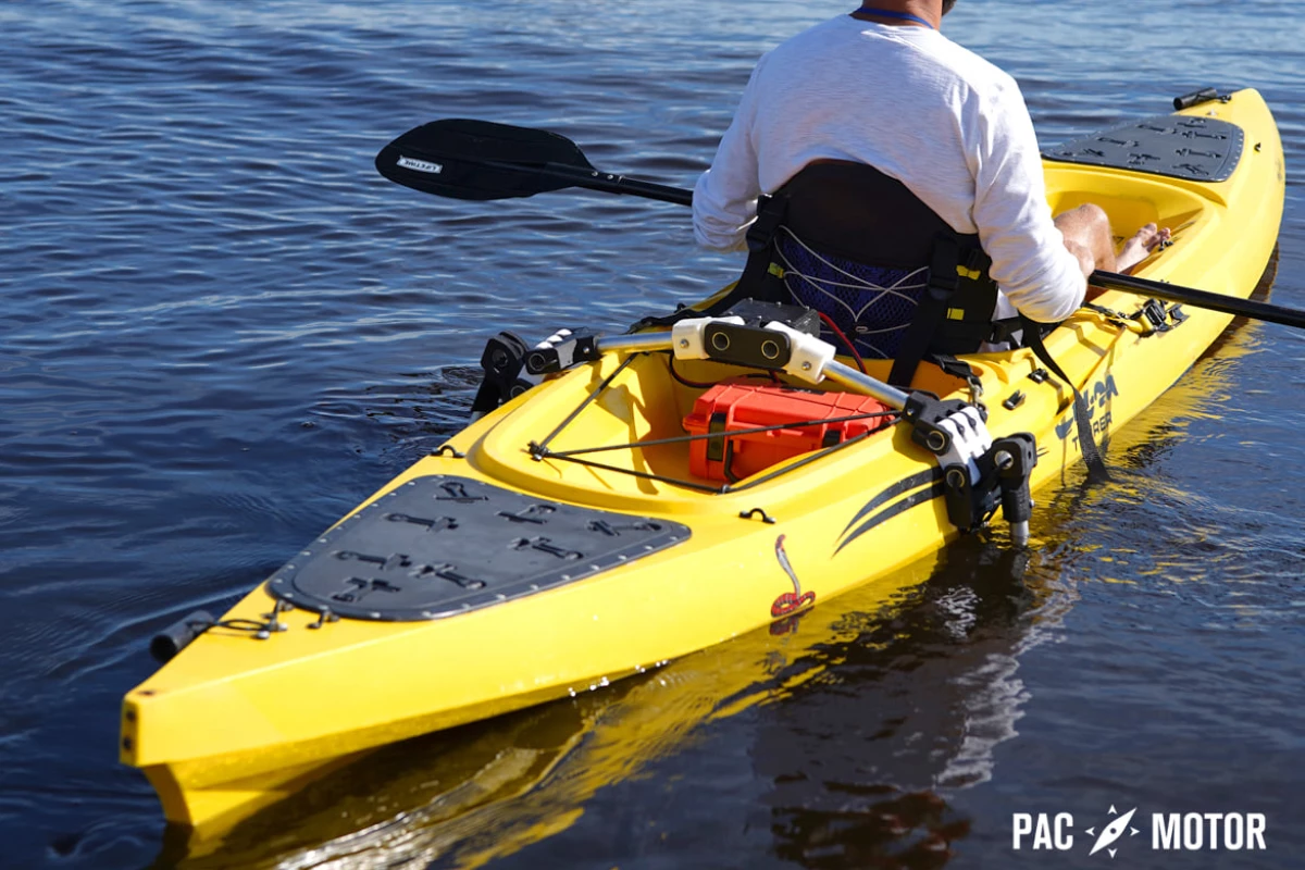 The PacMotor system, with its two motors deployed over either side of the kayak