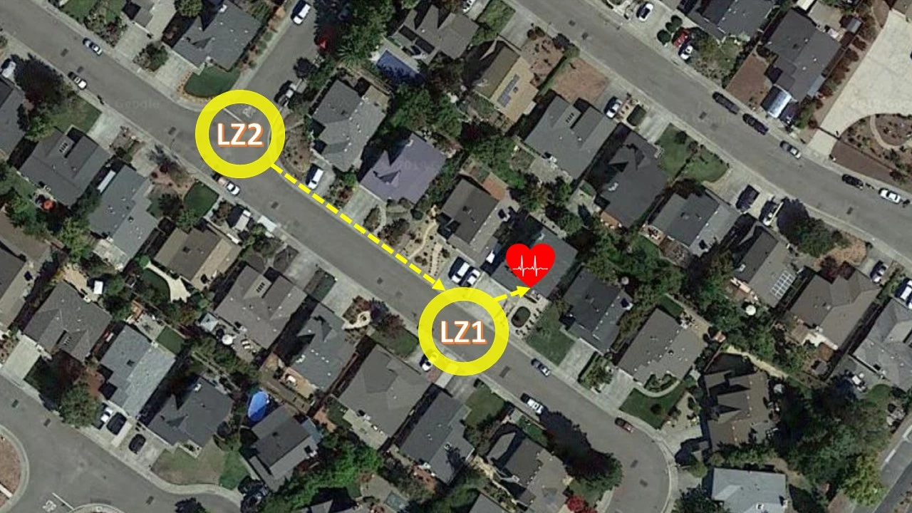 An example of a landing zone schematic, for a suburban cardiac event response