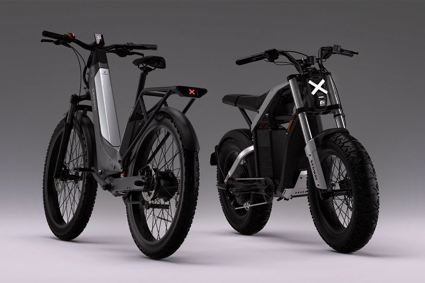 Segway's first impressive dip into the ebike space - the versatile, street-legal Xafari (left) and the beastly Xyber off-roader (right)