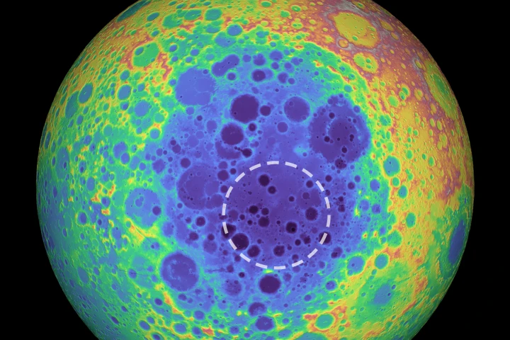 The huge South Pole-Aitken basin on the Moon can be seen in this topographical map, as blue areas represent lower regions. The white dotted outline shows the location of the mass anomaly