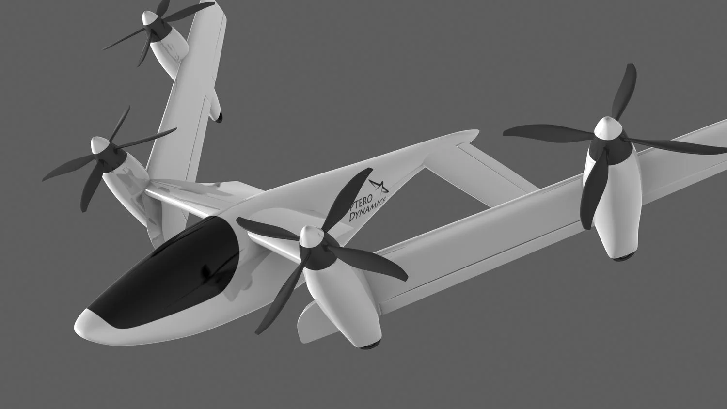 The wings swivel out on dihedral pivots, turning the props forward as they go