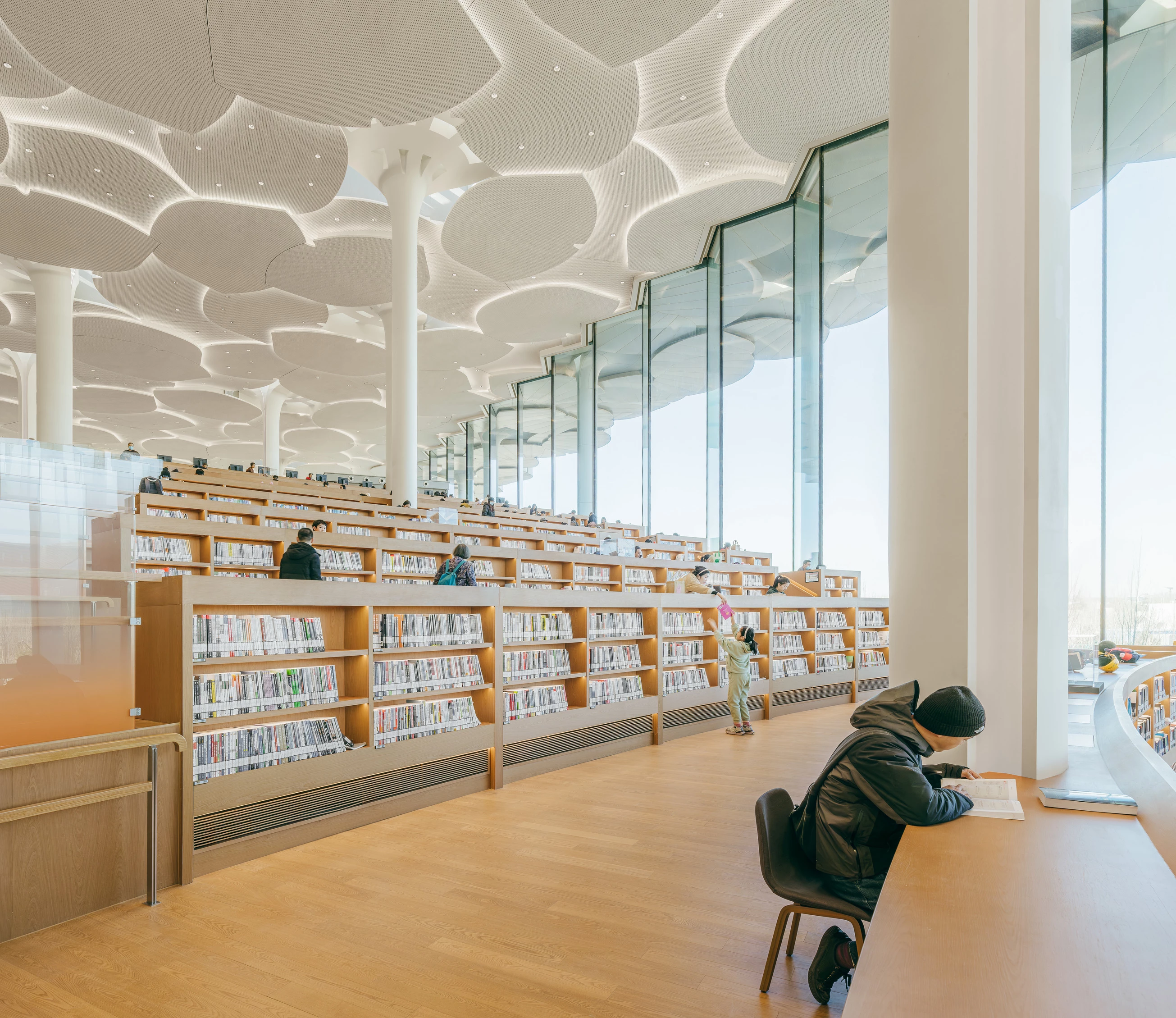 The Beijing City Library includes one of the largest book automated storage and retrieval systems in the world, as well as traditional shelving