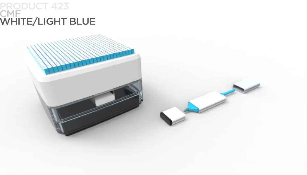 The Pixit kit includes a stamp, a pen, and an ink pad, which are all designed to fit into a single, tidy box