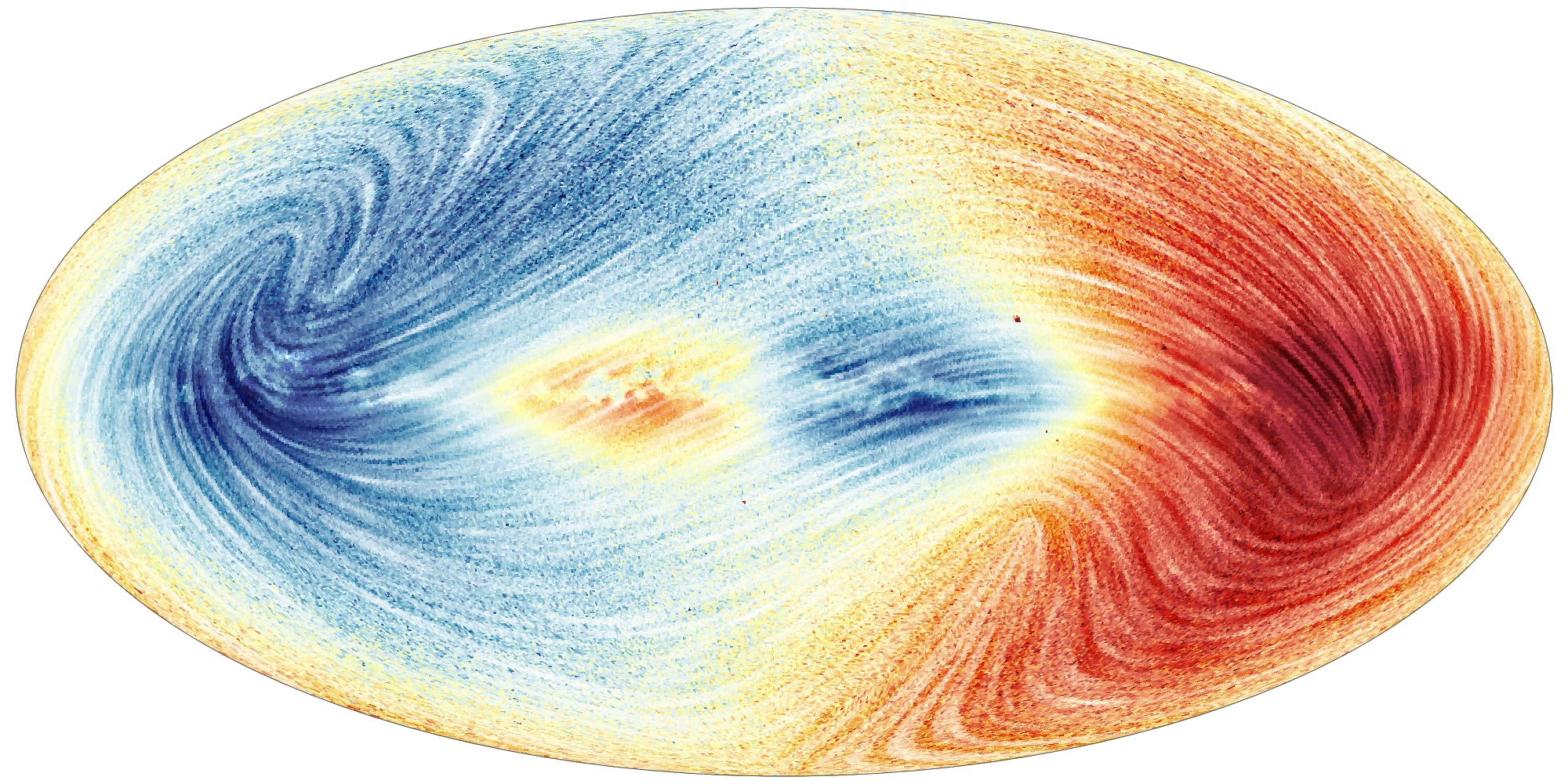 This map shows the 3D motion of 26 million Milky Way stars. Blue regions indicate where the average velocity of stars is moving towards us, while red areas are where the average is moving away. The lines indicate how stars will move across the plane of the sky.