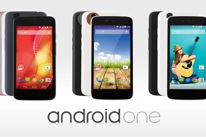 The first three Android One smartphones for India – the Karbonn Sparkle V (left), Mircomax Canvas A1 (center) and Spice Dream UNO (right)