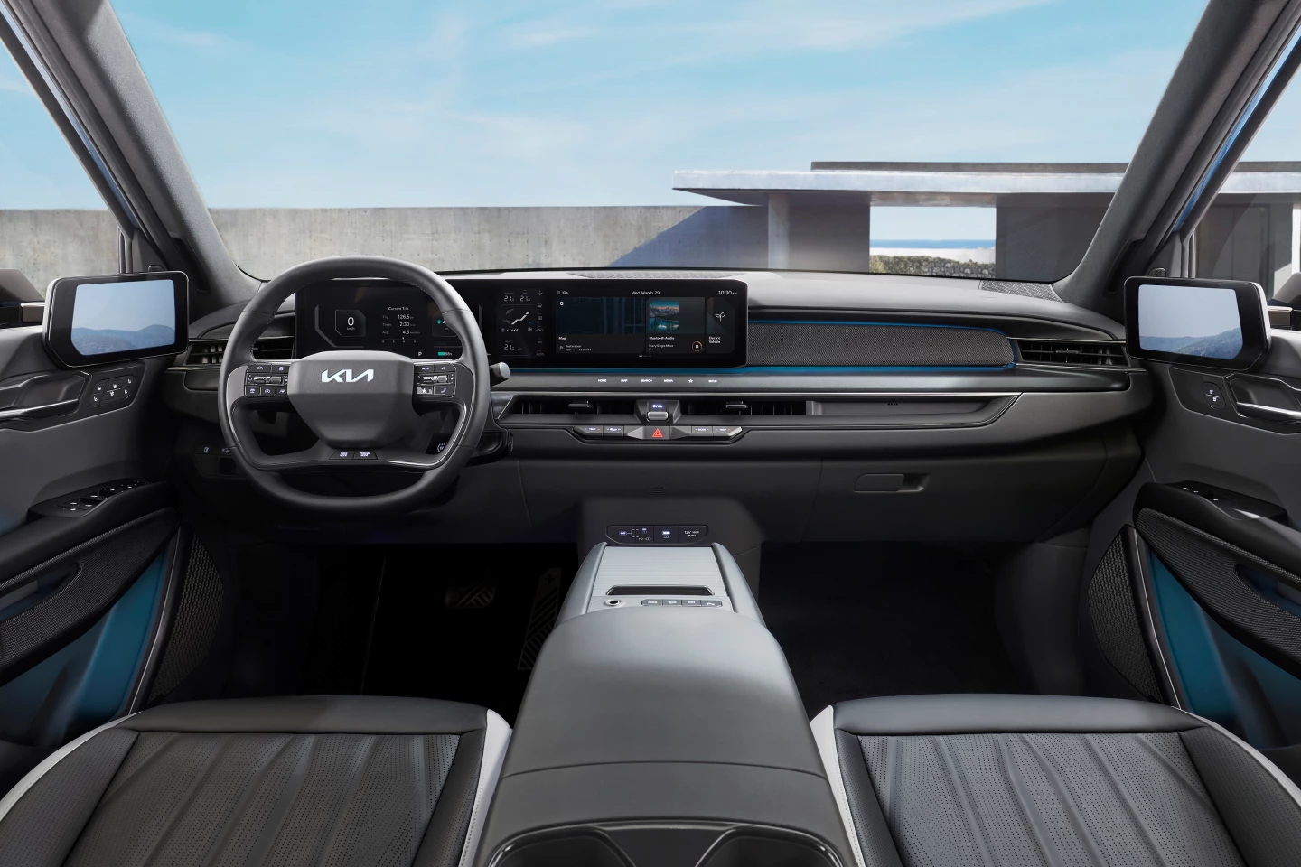 The Kia EV9 cockpit includes two 12.3-in displays