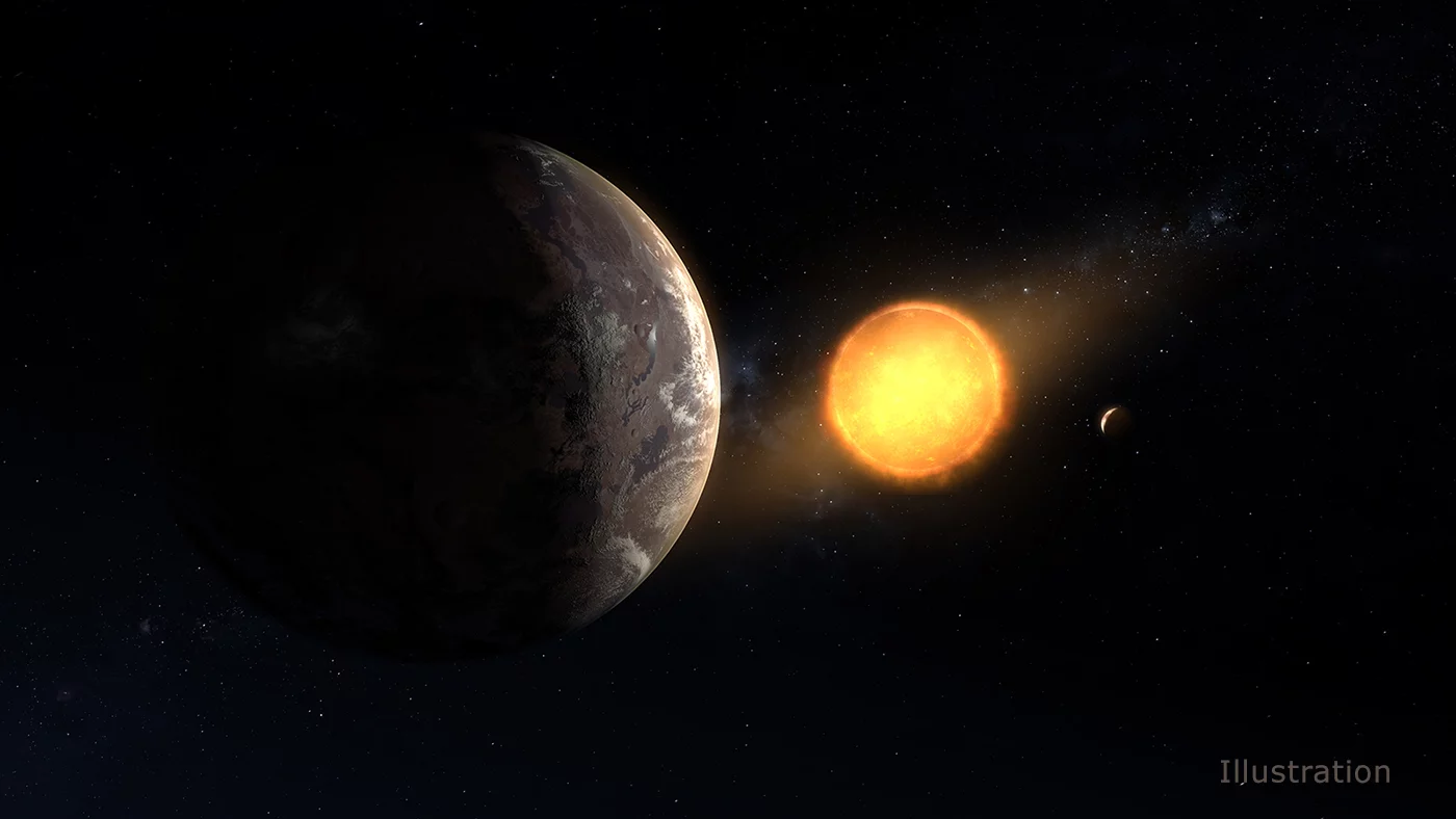 Artist's concept showing exoplanet Kepler-1649c orbiting its host red dwarf star