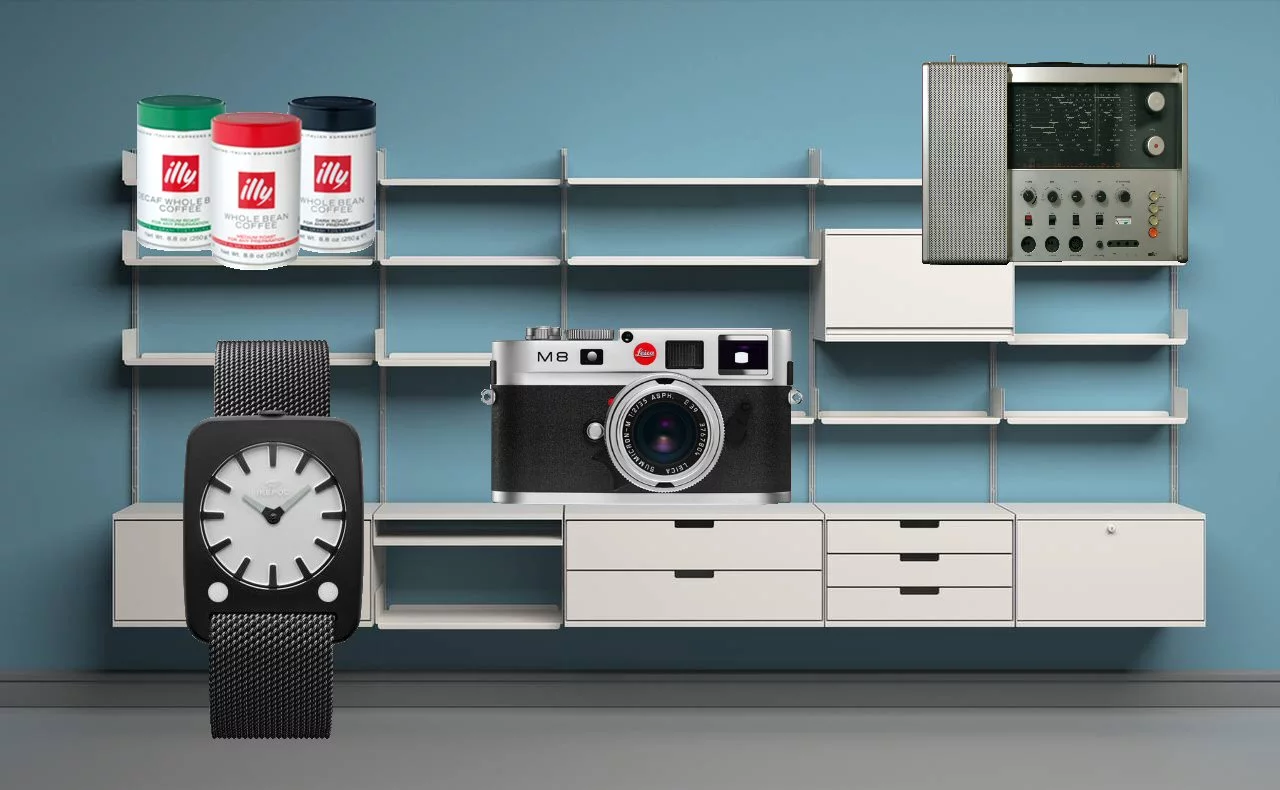 Inspiration comes in many forms, in this case a Leica M8, universal shelving system and a Braun radio designed by Dieter Rams, some Illy ground coffee tins and an Ikepod Solaris watch