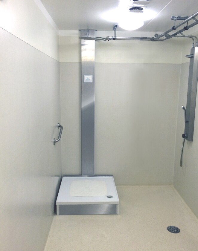To recycle the water coming out of it, a sophisticated filtering system and pump is fitted directly beneath the shower drain in the floor