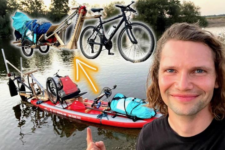 Inventor Ben Kilner with his one-off Duckleberry Finn in its "road mode" (top) and "river mode" configurations