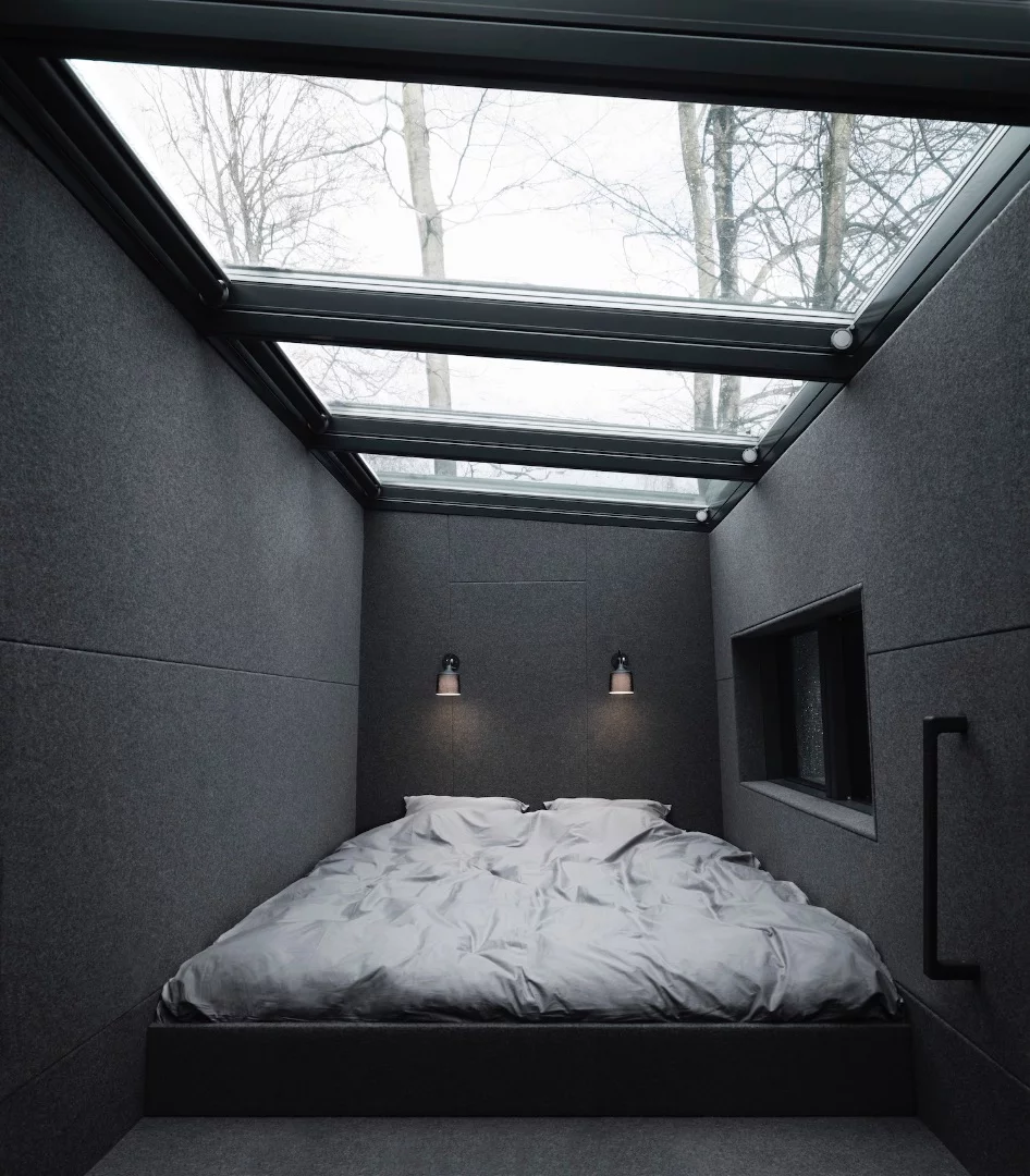 The Vipp Shelter's bedroom is accessed by ladder