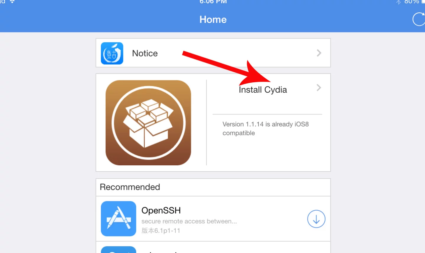 The Cydia Installer, within the Pangu app