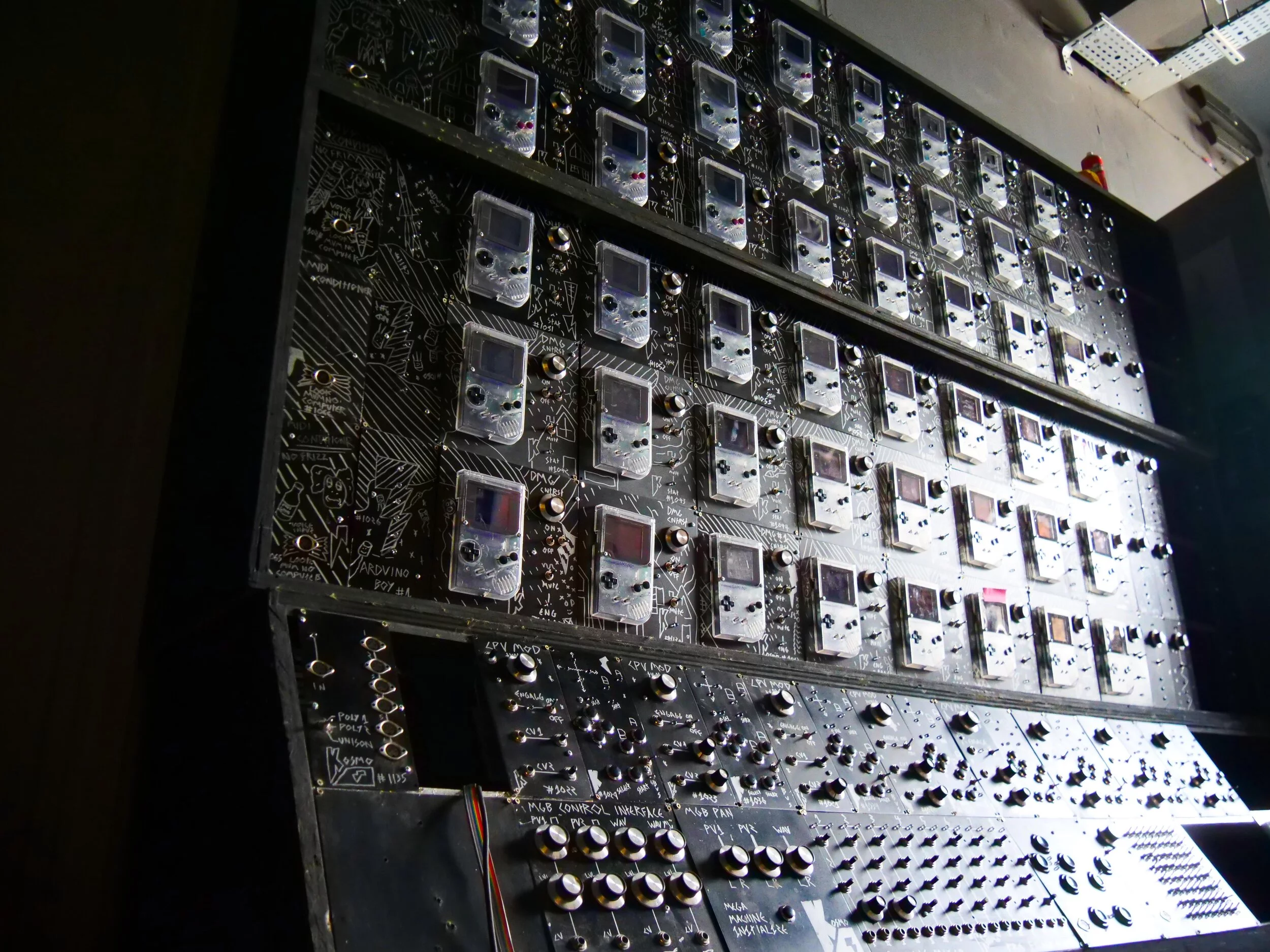 Look Mum No Computer's Game Boy Megamachine is on display, which is a polyphonic synth made up of synced handheld consoles