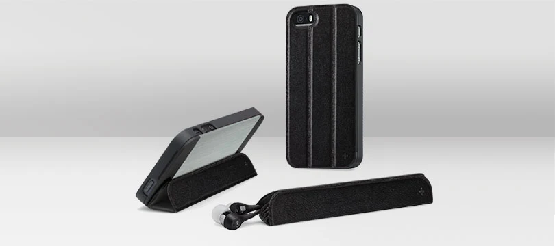 The +tilt add on functions as a folding leather kickstand, earbud wrap and a magnetic mount