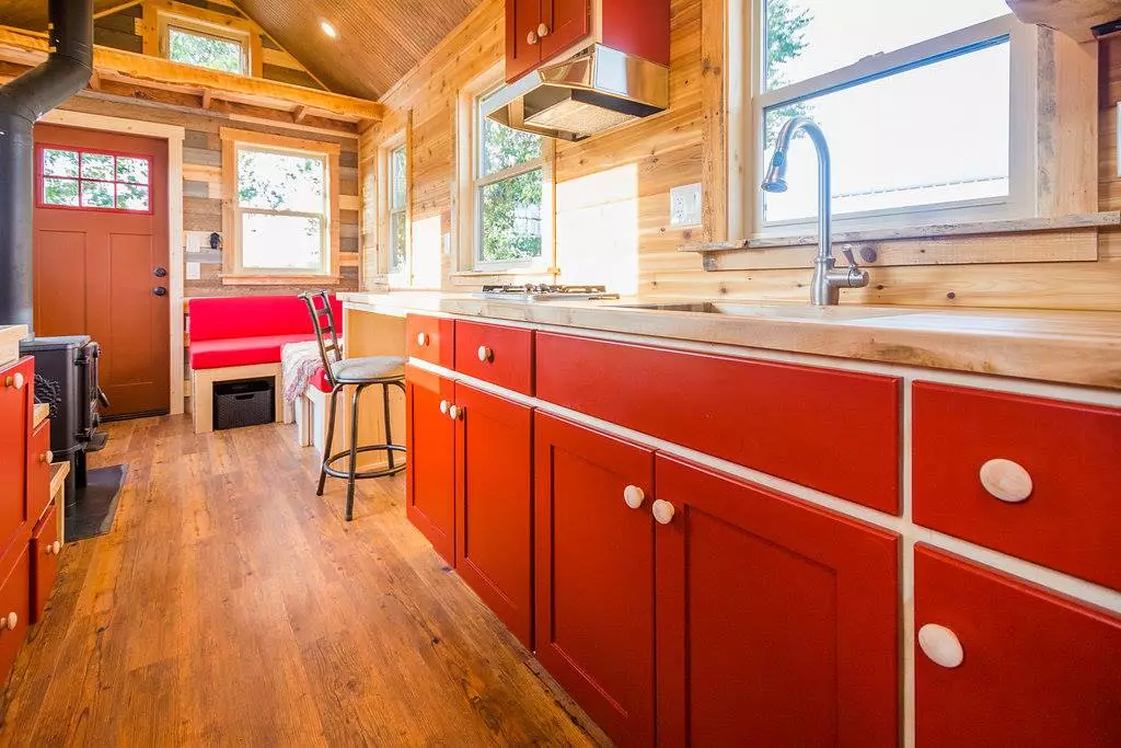 View towards the living room in Davis's 22 ft Off-Grid Tiny Home