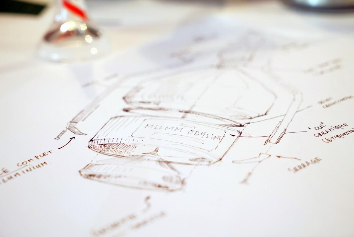 Early sketch of the Mumm Grand Cordon Stellar bottle