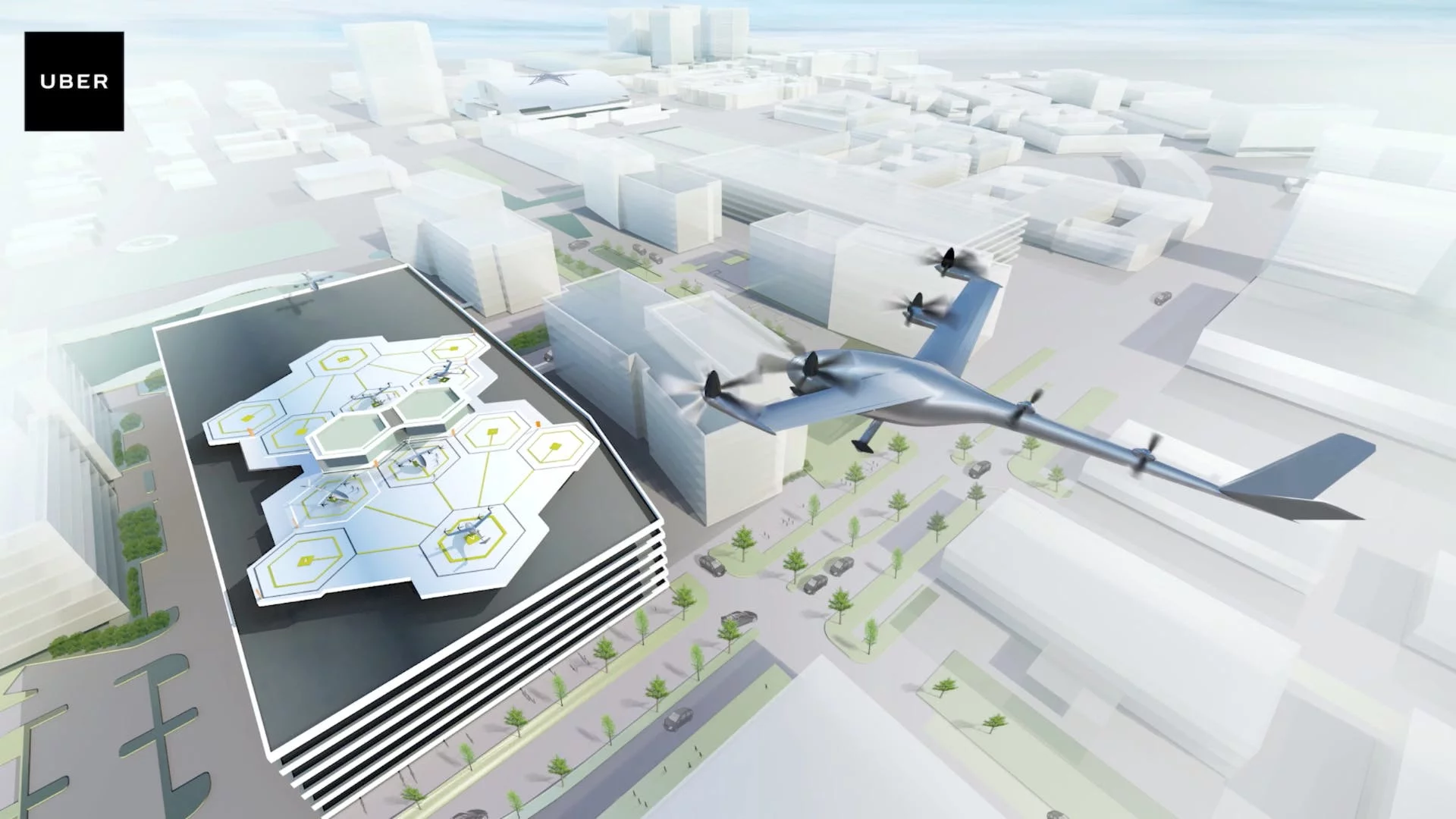 Uber imagines users of its flying taxi service traveling along fixed routes between hubs called Skyports