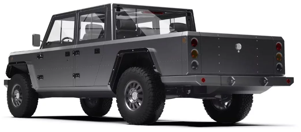 The B2 pickup relies on the same platform as the B1, offering 520-hp of dual-motor, all-wheel drive electric output, 15-in of ground clearance, hydro-pneumatic suspension and more