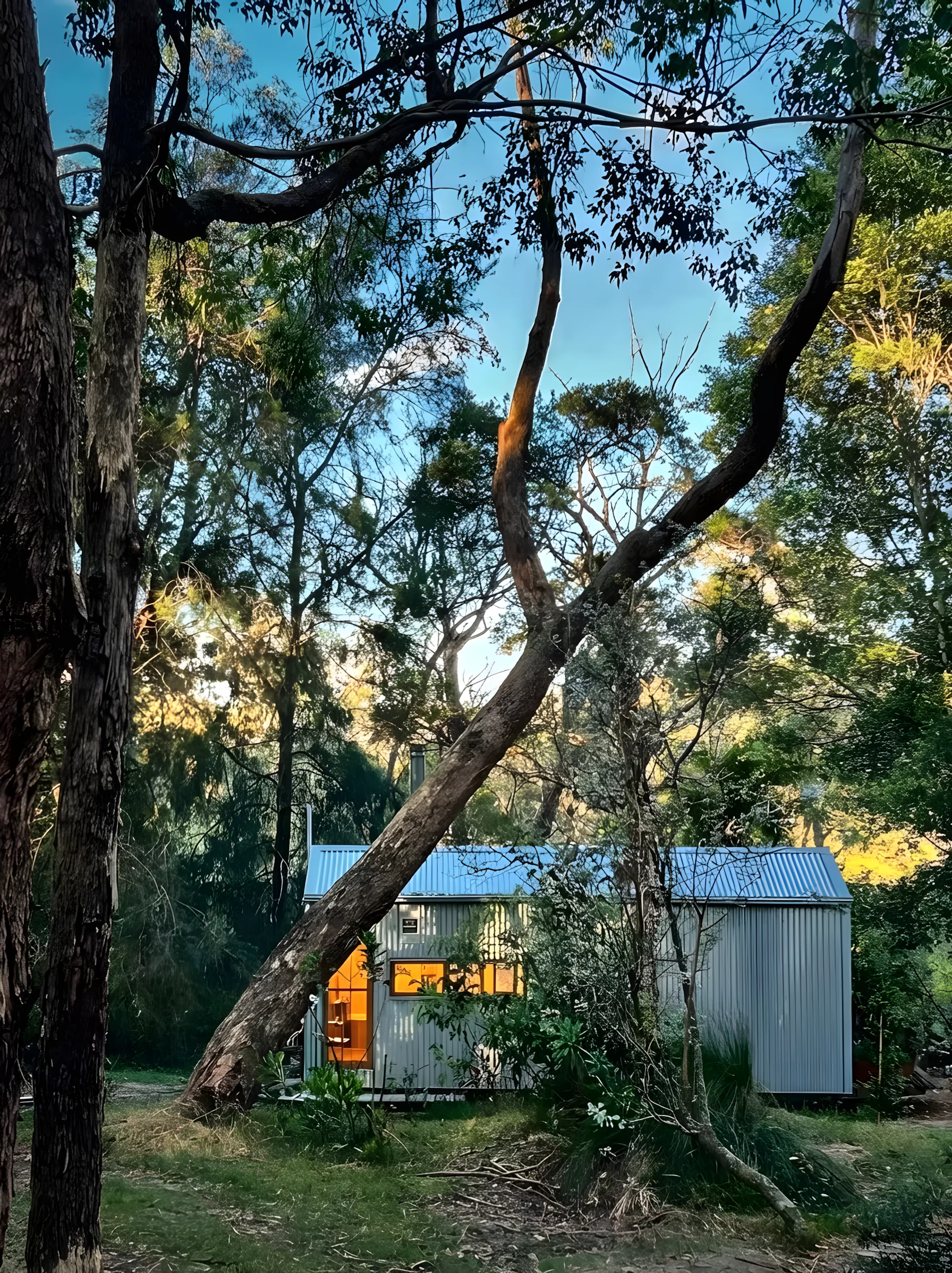 The Zinc Studio Cabin model shown is based on a towable trailer and installed semi-permanently in woodland