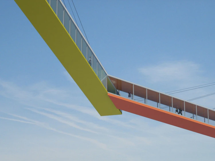 The unusual project comprises two towers joined by a like number of pedestrian bridges that will allow people to cross from one side of the Copenhagen Harbor to the other
