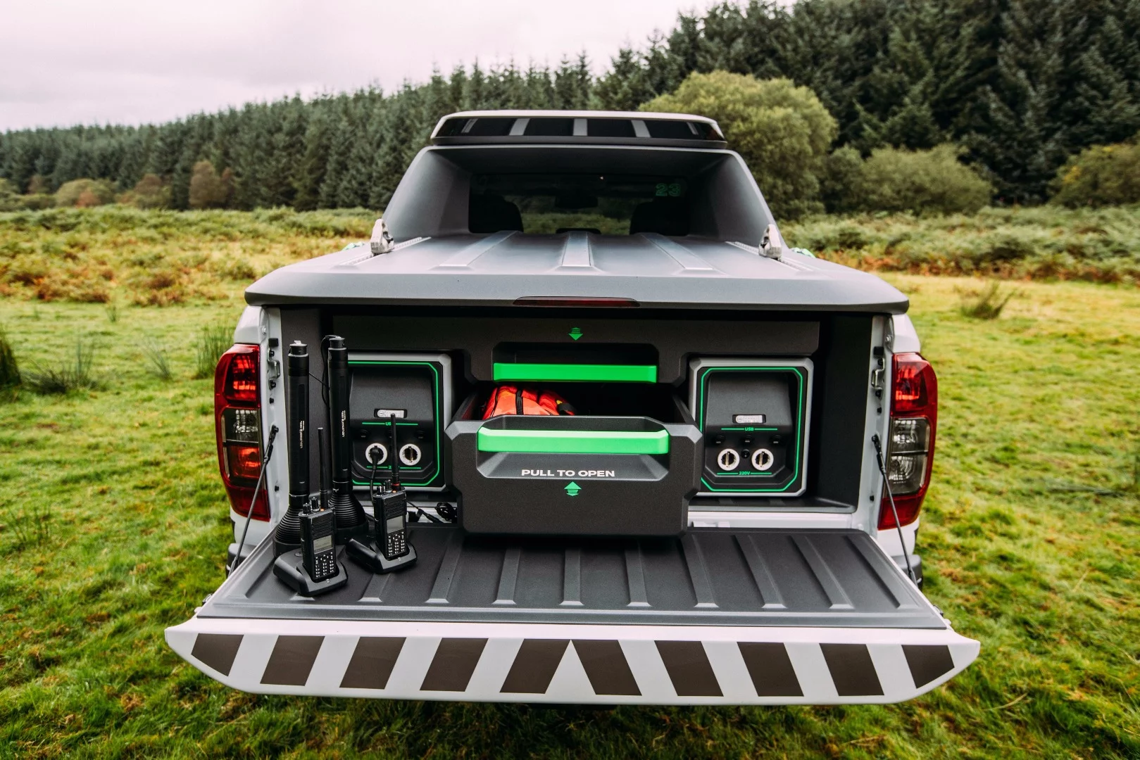 A shallow tray and deep bin keep rescue equipment secure and easy to find