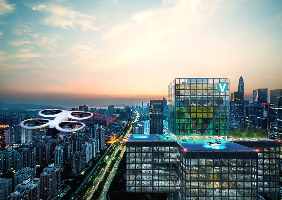 Airbus UAM envisions people using drone-like flying vehicles to move directly from skyscraper to skyscraper in Chinese megacities like Shenzhen, depicted in the above image