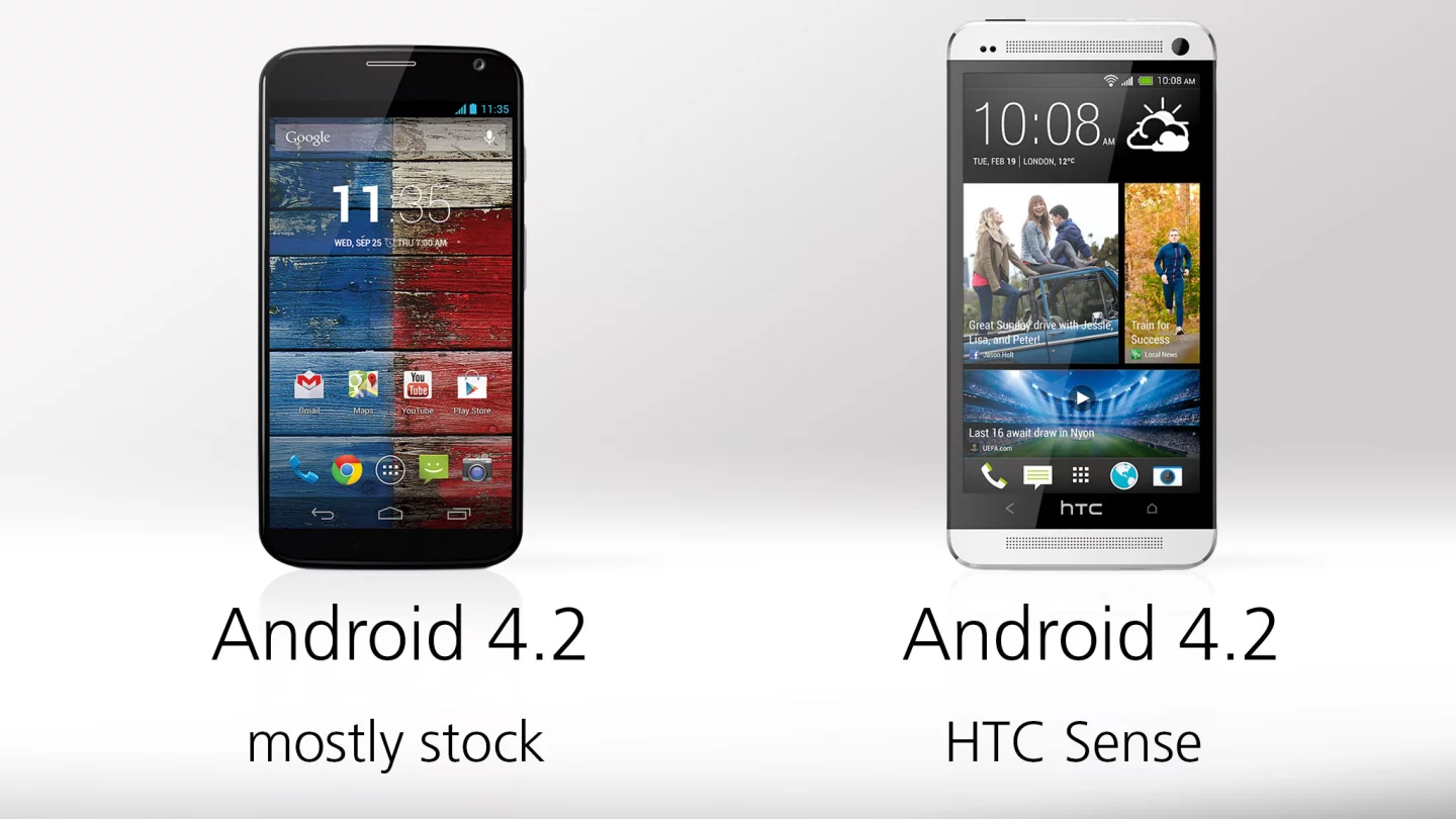 The One has HTC's Sense overlay, while the Moto X runs (more or less) stock Android