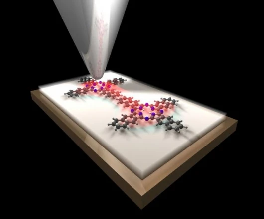 Schematic three-dimensional image of a molecular "logic gate" of two naphthalocyanine molecules, which are probed by the tip of the low-temperature scanning tunneling microscope.