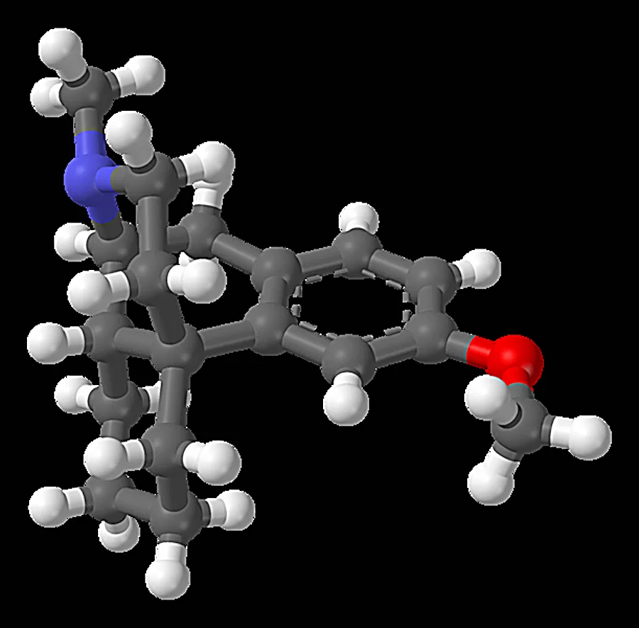 Ball and stick model of dextromethorphan - gray are carbon atoms, white are hydrogen, blue is nitrogen, and red is oxygen