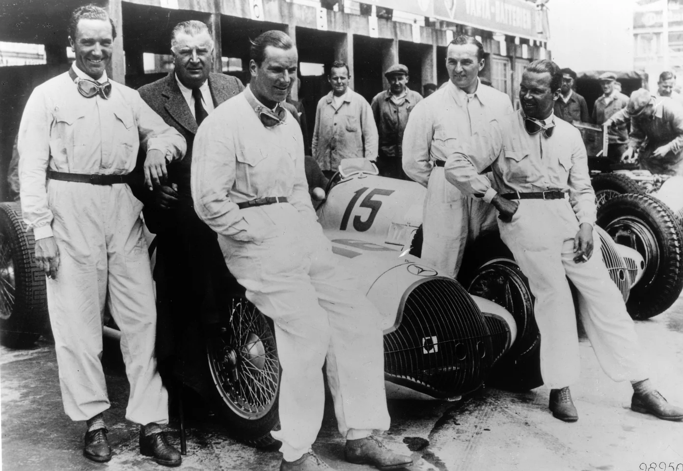 The Mercedes-Benz team at the 1938 German Grand Prix. From left: Manfred von Brauchitsch, Alfred Neubauer, Richard Seaman, Hermann Lang and Rudolf Caracciola.