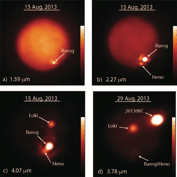 Io imaged in different infrared wavelengths – the eruptions were observed taking place at the Rarog and Heno calderas, and later at 201308C as exhibited in d (Image: Katherine de Kleer/UC Berkeley/Gemini Observatory)