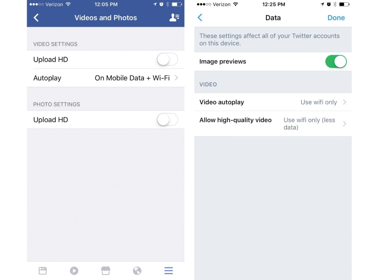 (L) Settings screen for Facebook (R) Settings screen for Twitter