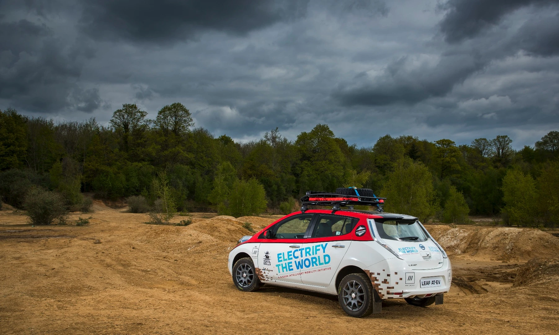 With its rally tires, added protective plating, off-road lighting and other enhancements, this Nissan Leaf is ready to rally