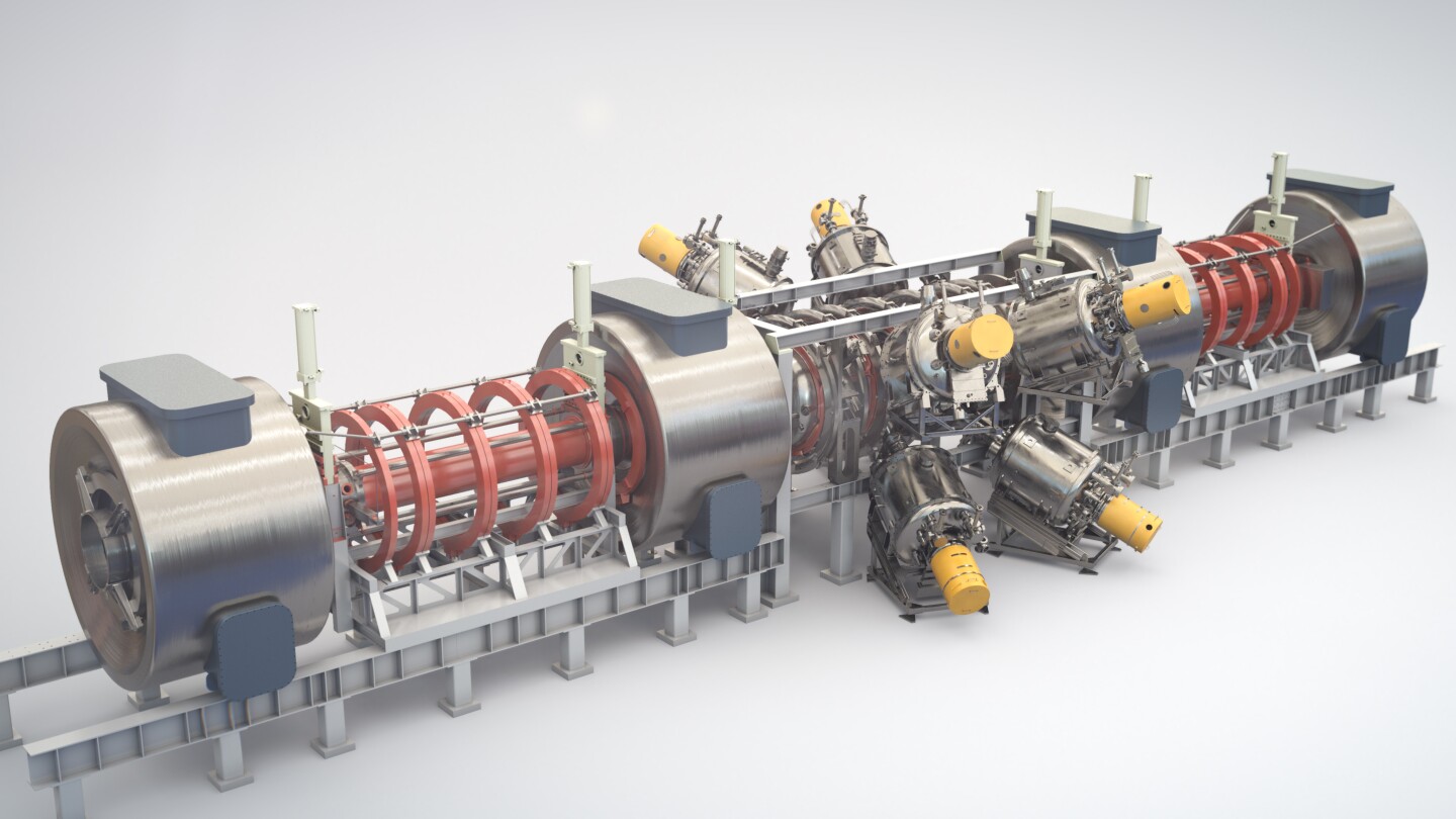 A rendering of the Norman reactor, with magnets handily color-coded red, and particle accelerators in yellow