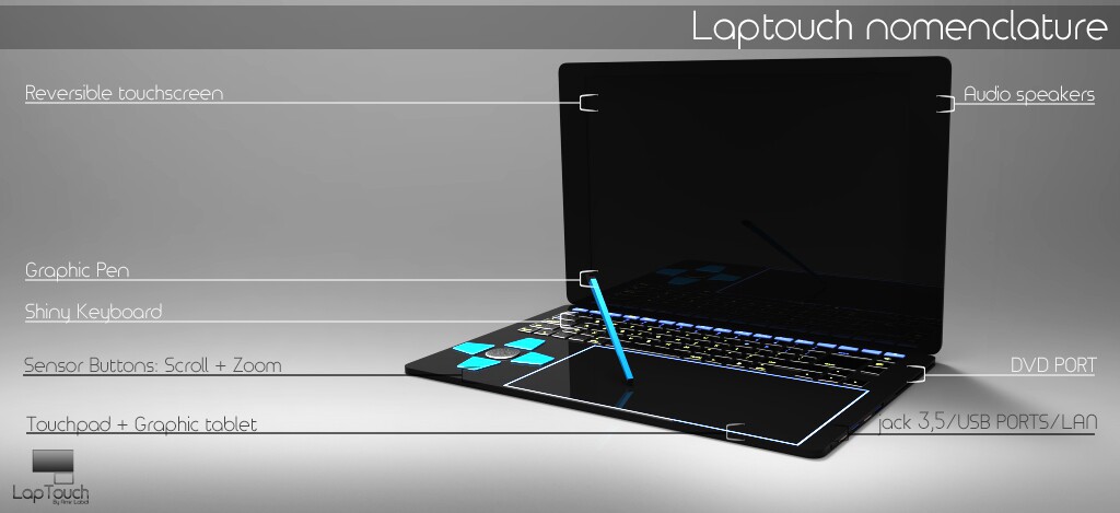 The large touchpad would also serve as a graphics tablet that features specific touch-sensitive scroll and zoom buttons, to save moving to the keyboard to activate commands (Image: Amir Labidi)