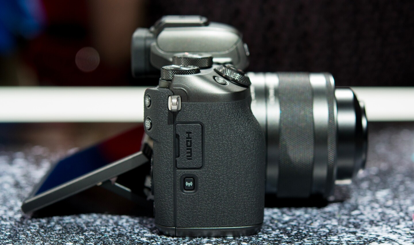 The rear monitor on the Canon EOS M5 can be angled up or down