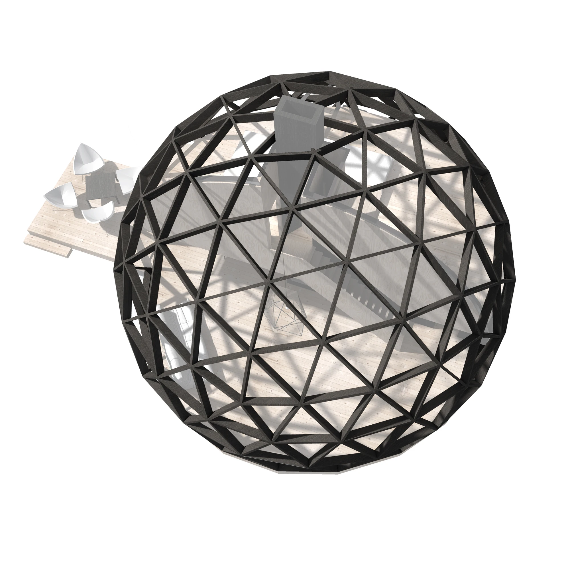 The dome’s exterior is made with a prefabricated frame composed of a series of triangles