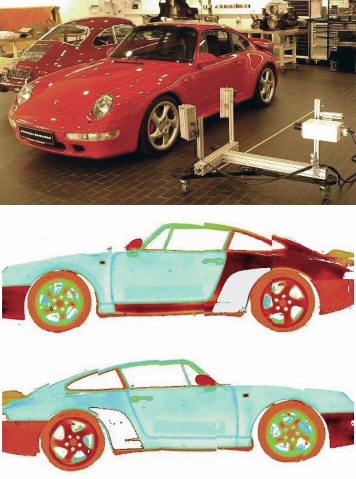 Under the skin, this Porsche can be seen to have had a significant accident on the left side that has been repaired with a new door and a lot of filler used in the rear left quarter panel and door surround. The coming availability of active IR systems will mean this type of repair work will no longer be undisclosed to a buyer.