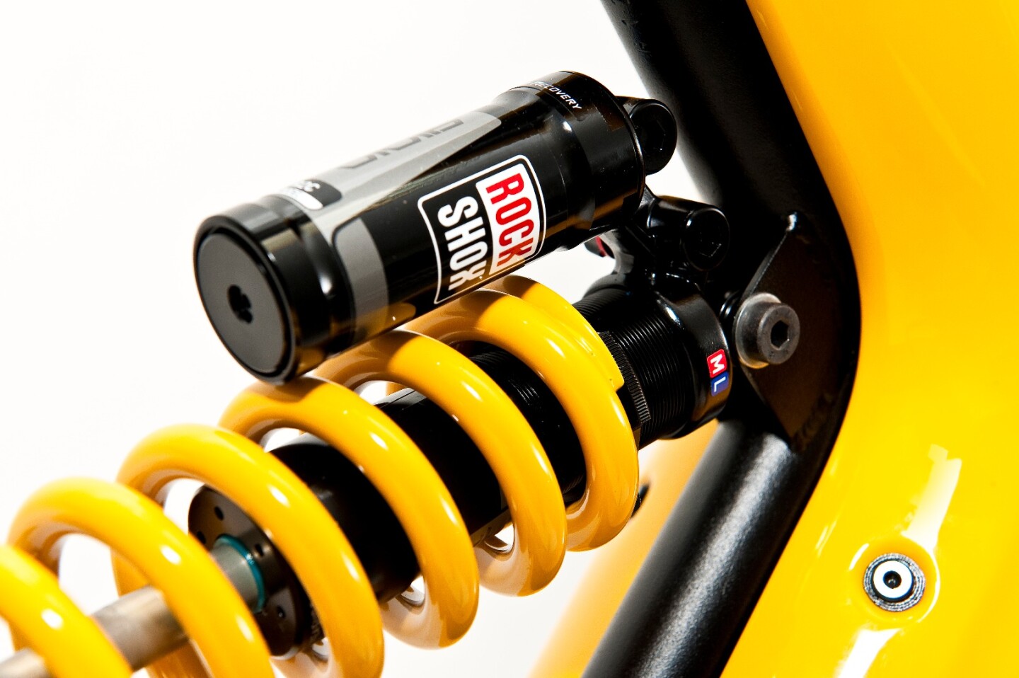 The Rockshox Vivid R2C rear shock absorber is adjustable for spring preload, beginning stroke rebound, ending stroke rebound and low-speed compression