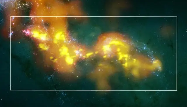 ALMA's millimeter/submillimeter wave test views here are represented in orange and yellows to contrast with the previous starbirth generations. ALMA images from Bands 3, 6, and 7 test data.) Credit: (NRAO/AUI/NSF); ALMA (ESO/NAOJ/NRAO); HST (NASA, ESA, and B. Whitmore (STScI)