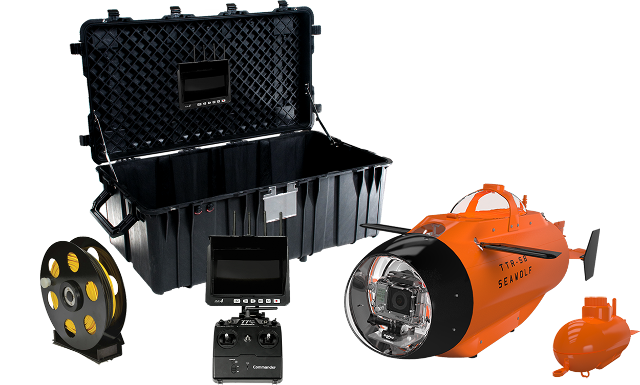 The Seawolf can be controlled using a tether (left) and can also transmit video from an attached buoy (right)