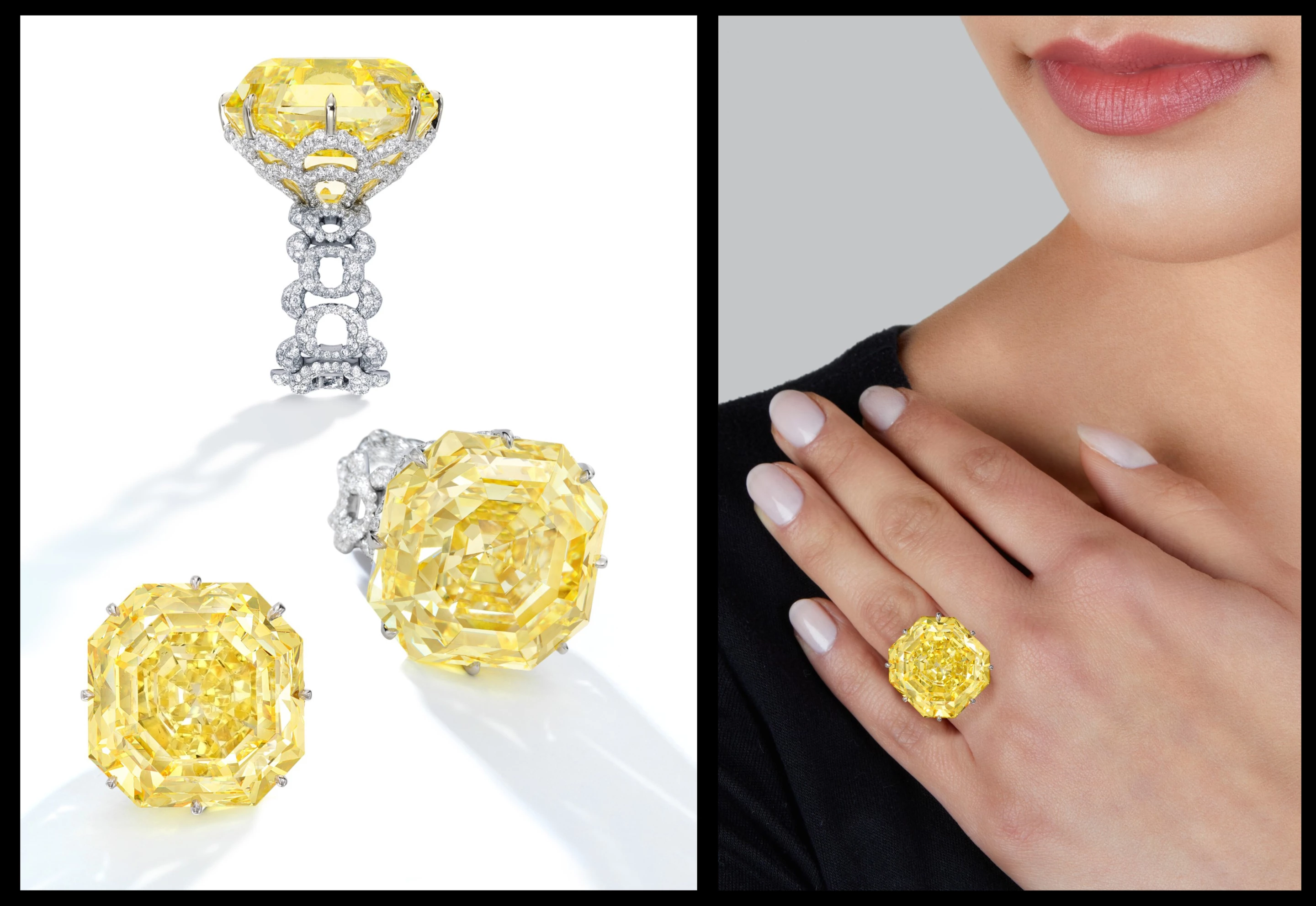 The Sienna Star' Fancy Vivid Yellow Diamond and Diamond Ring sold for $3,408,000 at Sotheby's on 9 June 2021