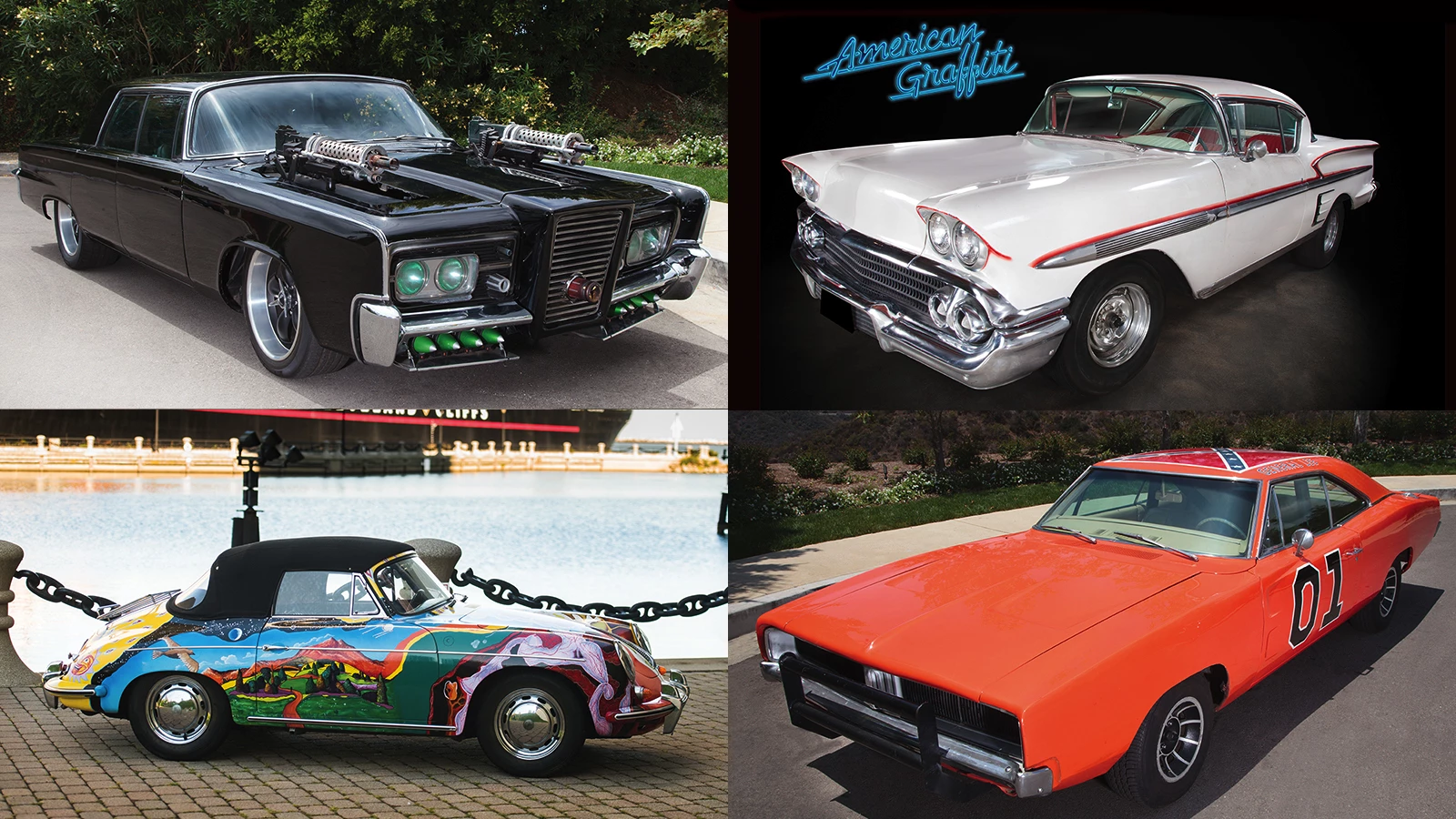From top left clockwise: 'Black Beauty' from "The Green Hornet"; Steve’s 1958 Chevrolet Impala from 'American Graffiti’, ‘General Lee’ from ‘The Dukes of Hazzard’ TV series and Janis Joplin’s 1964 Porsche 356 C 1600 SC Cabriolet