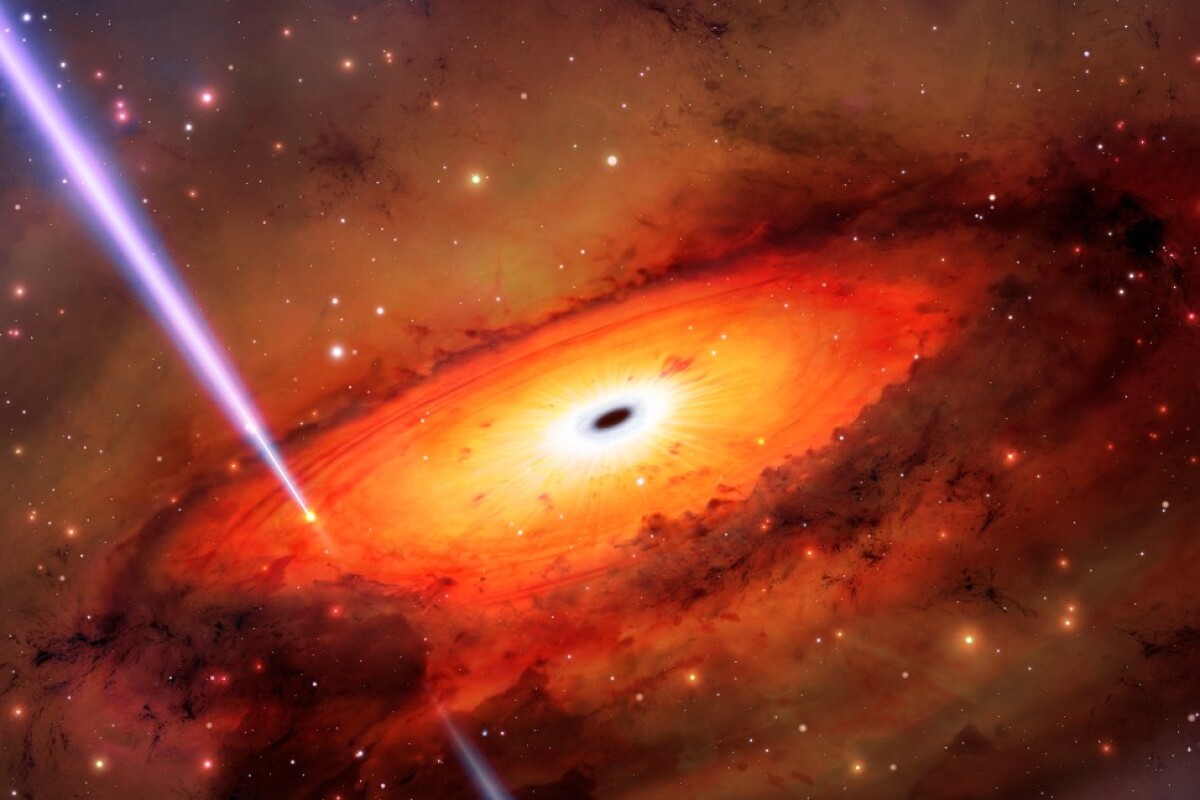 An artist's impression of a gamma ray burst produced in a turbulent environment near a supermassive black hole
