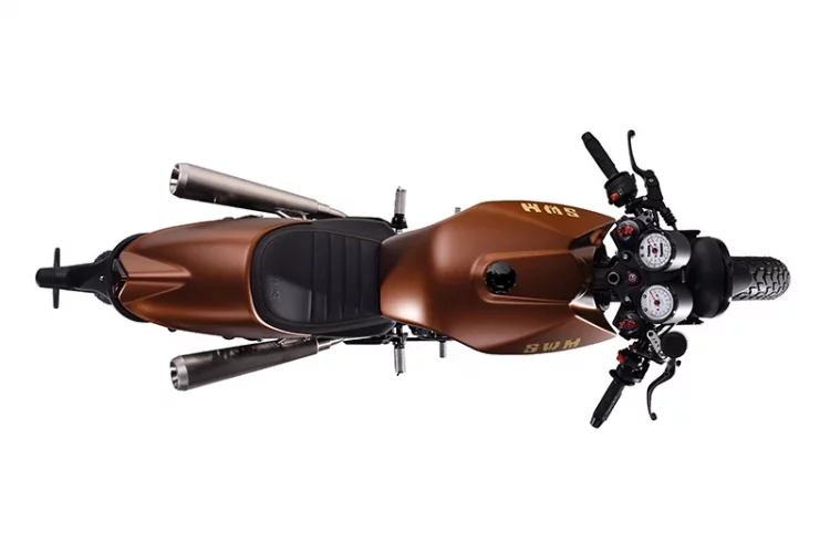 The angular fuel tank design is a direct reference to the typical SWM styling of the seventies