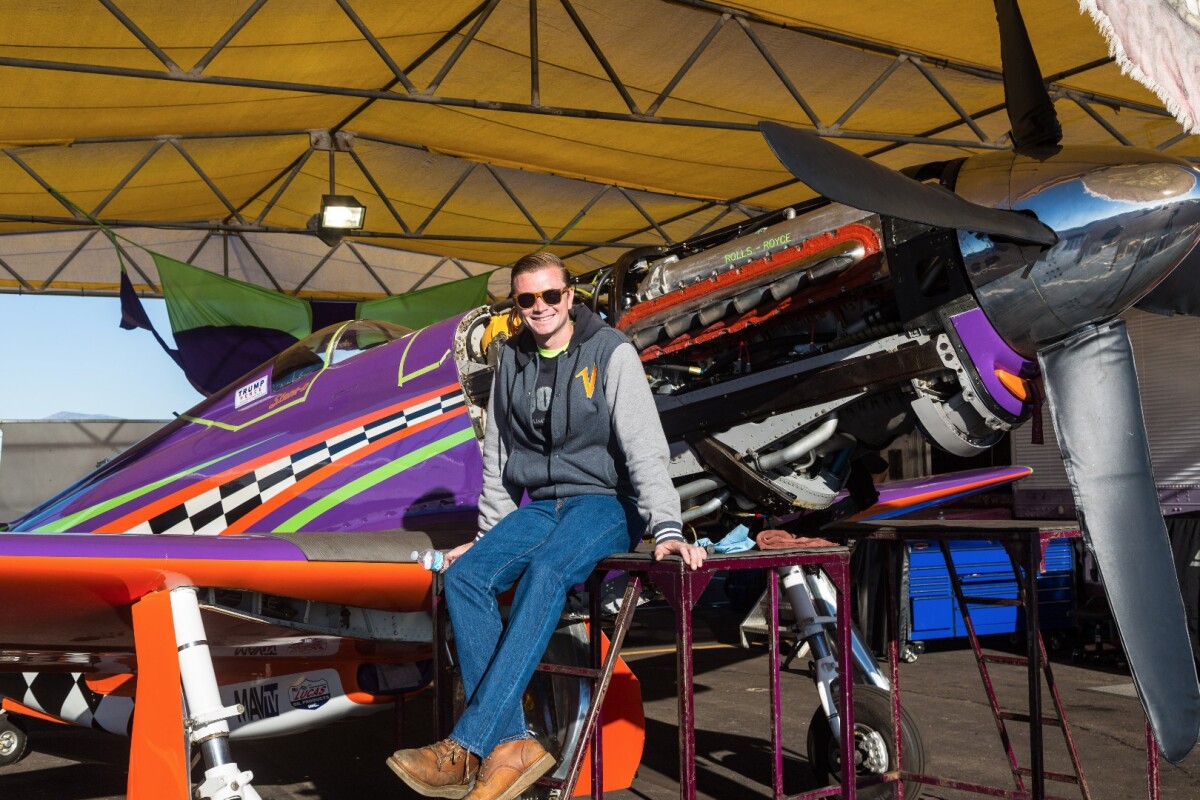 2016 Unlimited class Gold race winner Steve Hinton with Voodoo, a highly modified P-51 Mustang