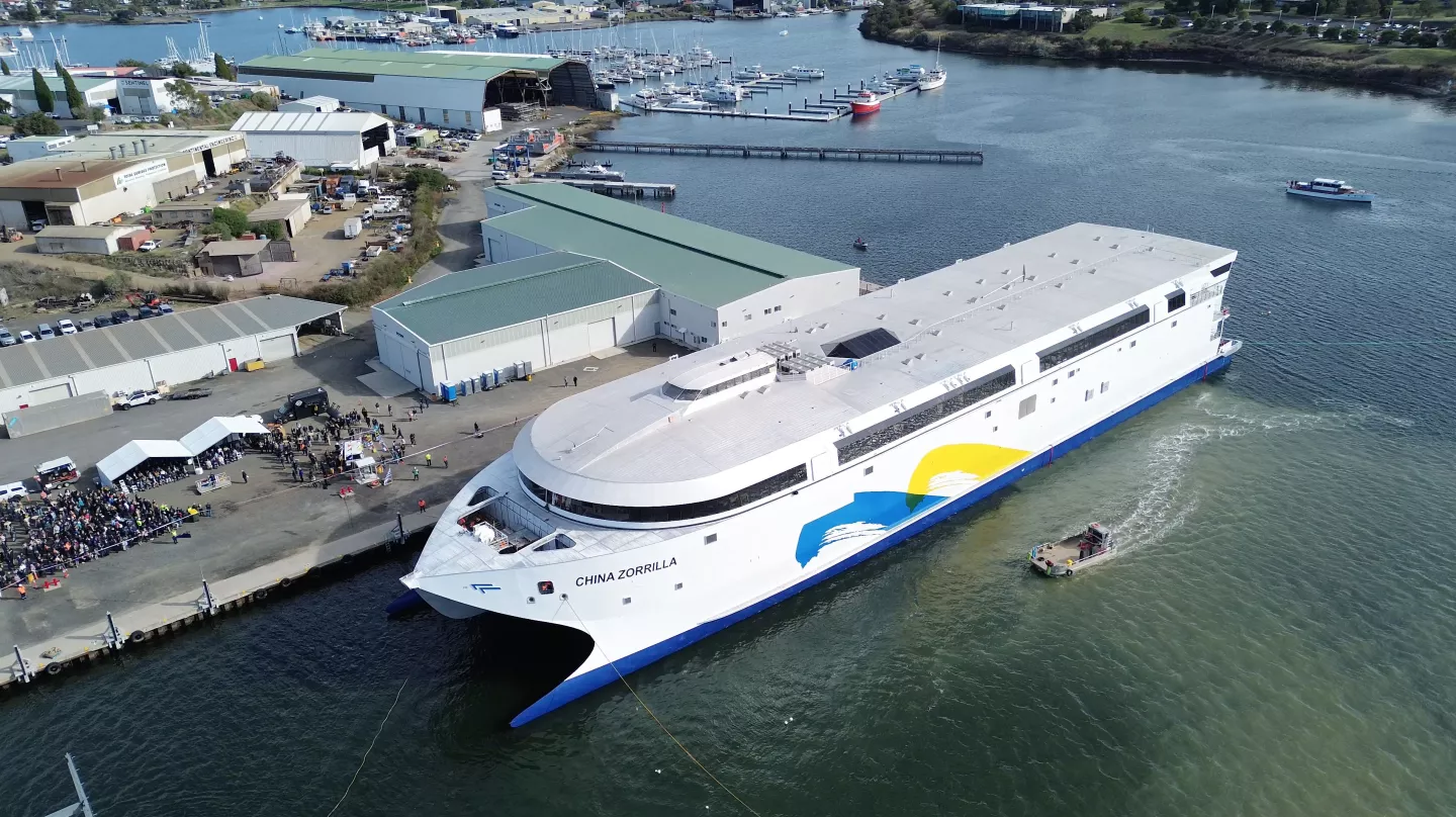 The China Zorrilla's exterior is complete and the ship has launched, though its enormous battery bank has yet to be installed and its energy system integrated
