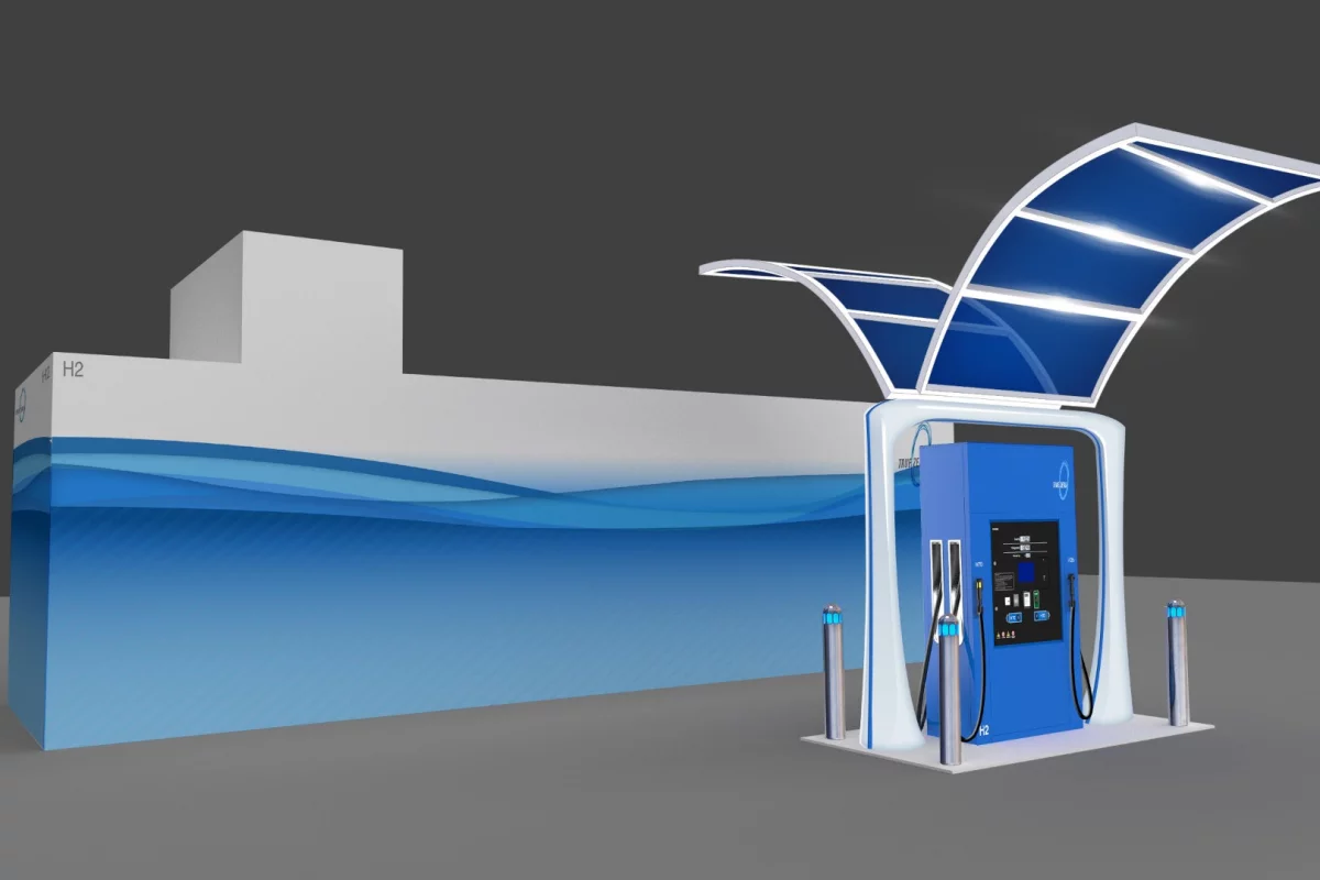 Rendering of First Element Fuel’s liquid hydrogen retail fuel pump, showing the pump and storage tank